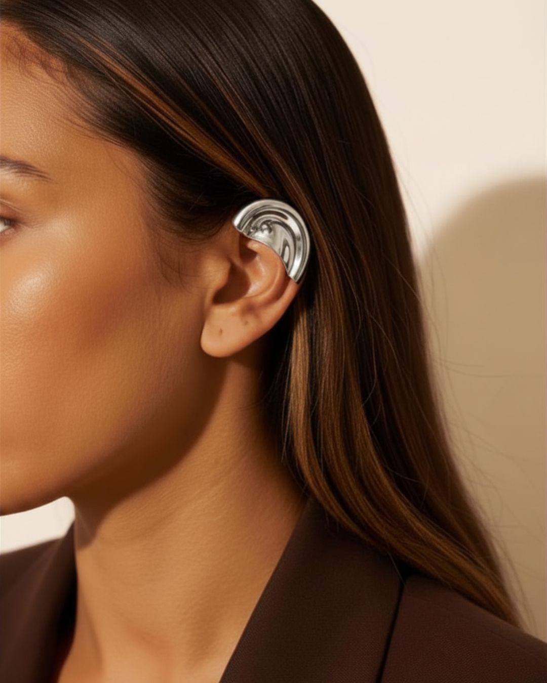 Molten Arc Ear Cuff side angle showing sculptural curve