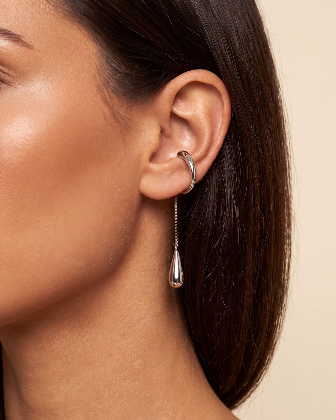 Lune Drop Clip-On Ear Cuff close-up of the softly rounded crystal drop