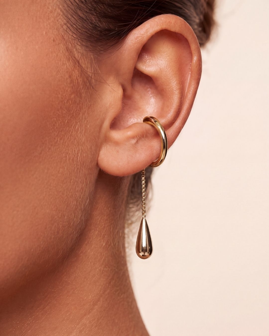 Lune Drop Clip-On Ear Cuff close-up of the softly rounded crystal drop