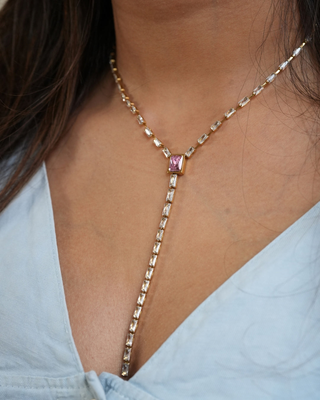 Lustre Line Necklace side angle showing delicate drop